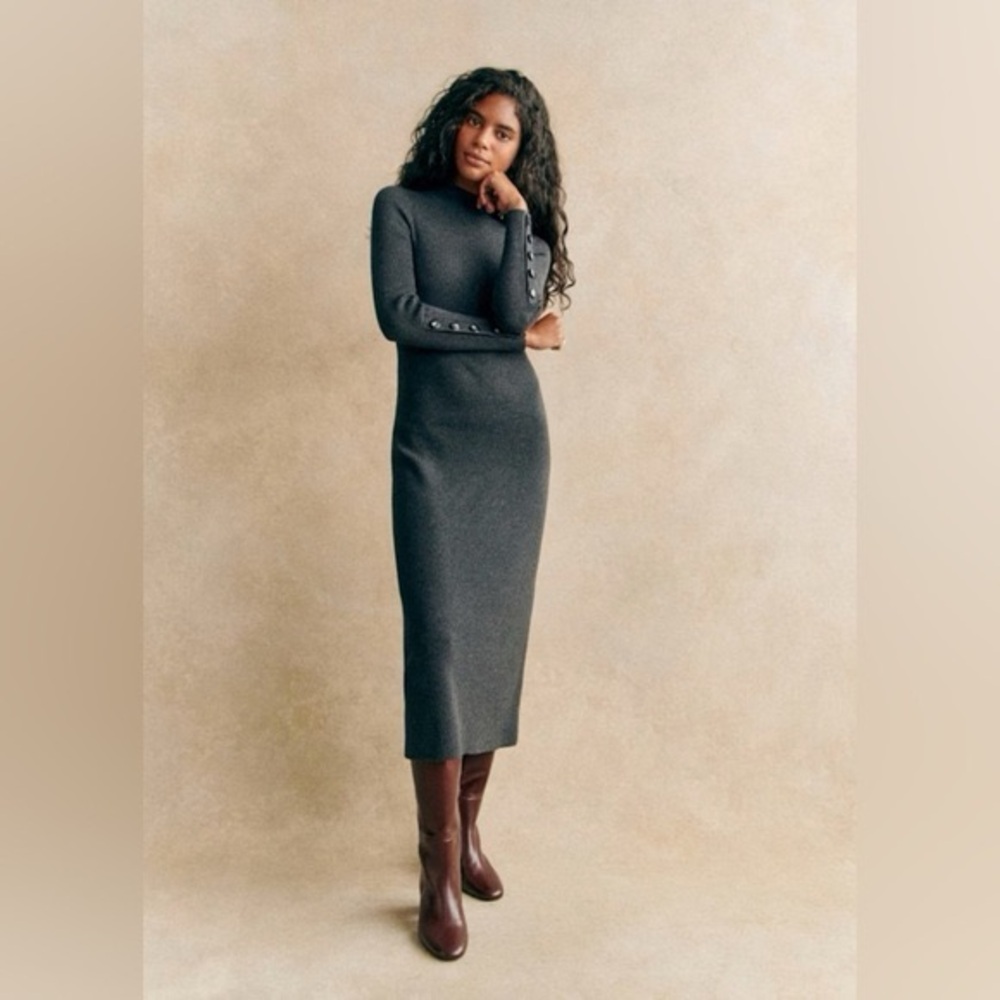 Sezane Hillary Rib Knit High Neckline Midi Dress
